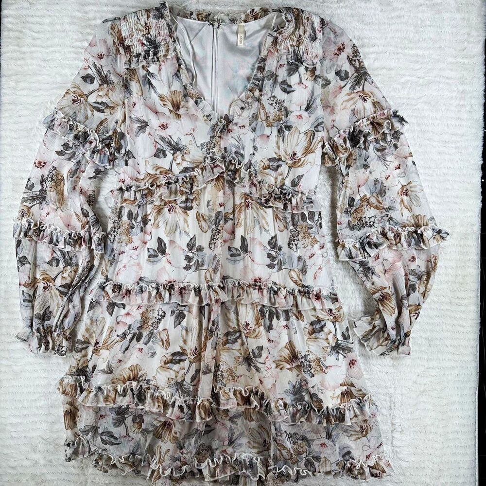 Sage Women’s S Floral Chiffon Ruffle V-Neck Puff Sleeve Lined Mini Dress